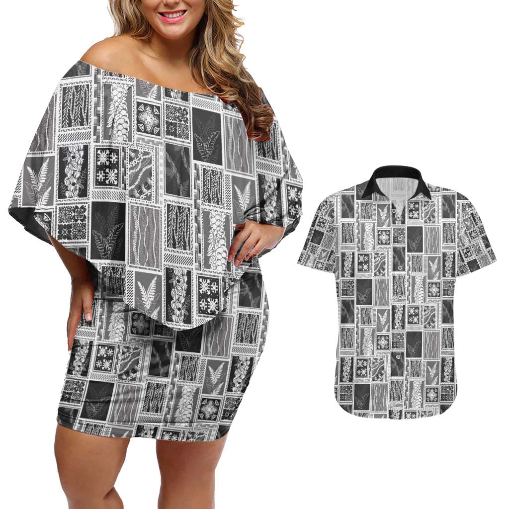 Vintage Aloha Block Quilt Couples Matching Off Shoulder Short Dress and Hawaiian Shirt Black Inspired Lei Motifs - Polynesian Pride