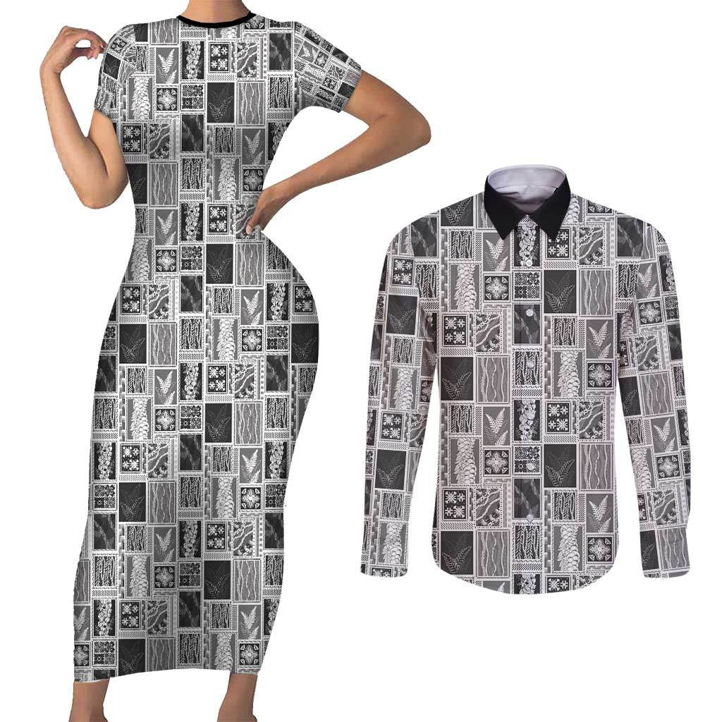 Vintage Aloha Block Quilt Couples Matching Short Sleeve Bodycon Dress and Long Sleeve Button Shirt Black Inspired Lei Motifs - Polynesian Pride