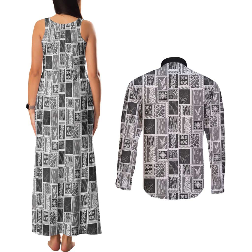 Vintage Aloha Block Quilt Couples Matching Tank Maxi Dress and Long Sleeve Button Shirt Black Inspired Lei Motifs - Polynesian Pride