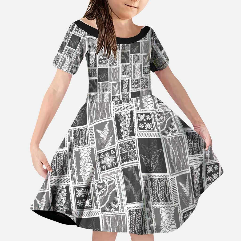 Vintage Aloha Block Quilt Family Matching Long Sleeve Bodycon Dress and Hawaiian Shirt Black Inspired Lei Motifs LT9 Daughter's Dress Black - Polynesian Pride