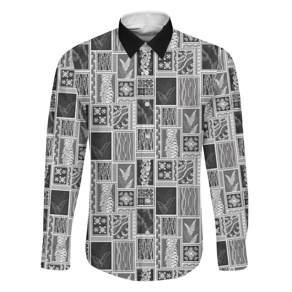 Vintage Aloha Block Quilt Family Matching Long Sleeve Bodycon Dress and Hawaiian Shirt Black Inspired Lei Motifs LT9 Dad's Shirt - Long Sleeve Black - Polynesian Pride