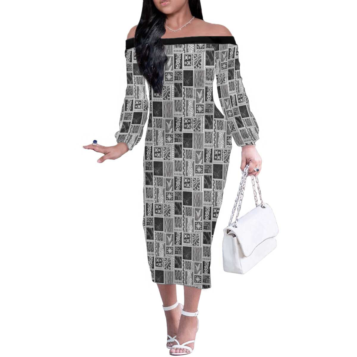 Vintage Aloha Block Quilt Family Matching Off The Shoulder Long Sleeve Dress and Hawaiian Shirt Black Inspired Lei Motifs - Polynesian Pride