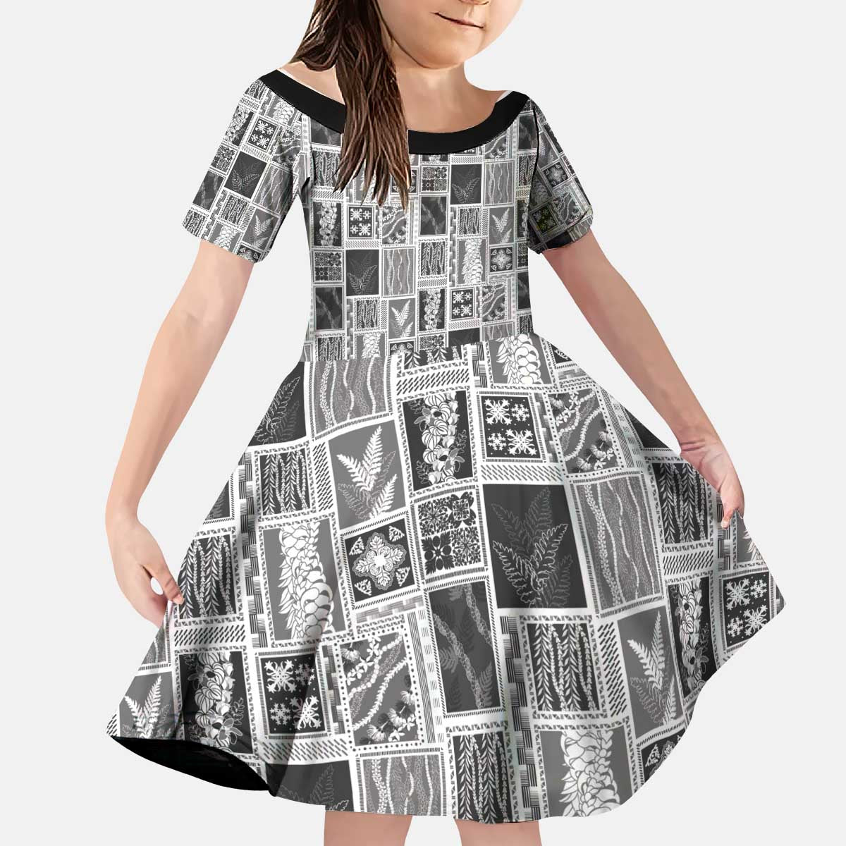 Vintage Aloha Block Quilt Kid Short Sleeve Dress Black Inspired Lei Motifs - Polynesian Pride