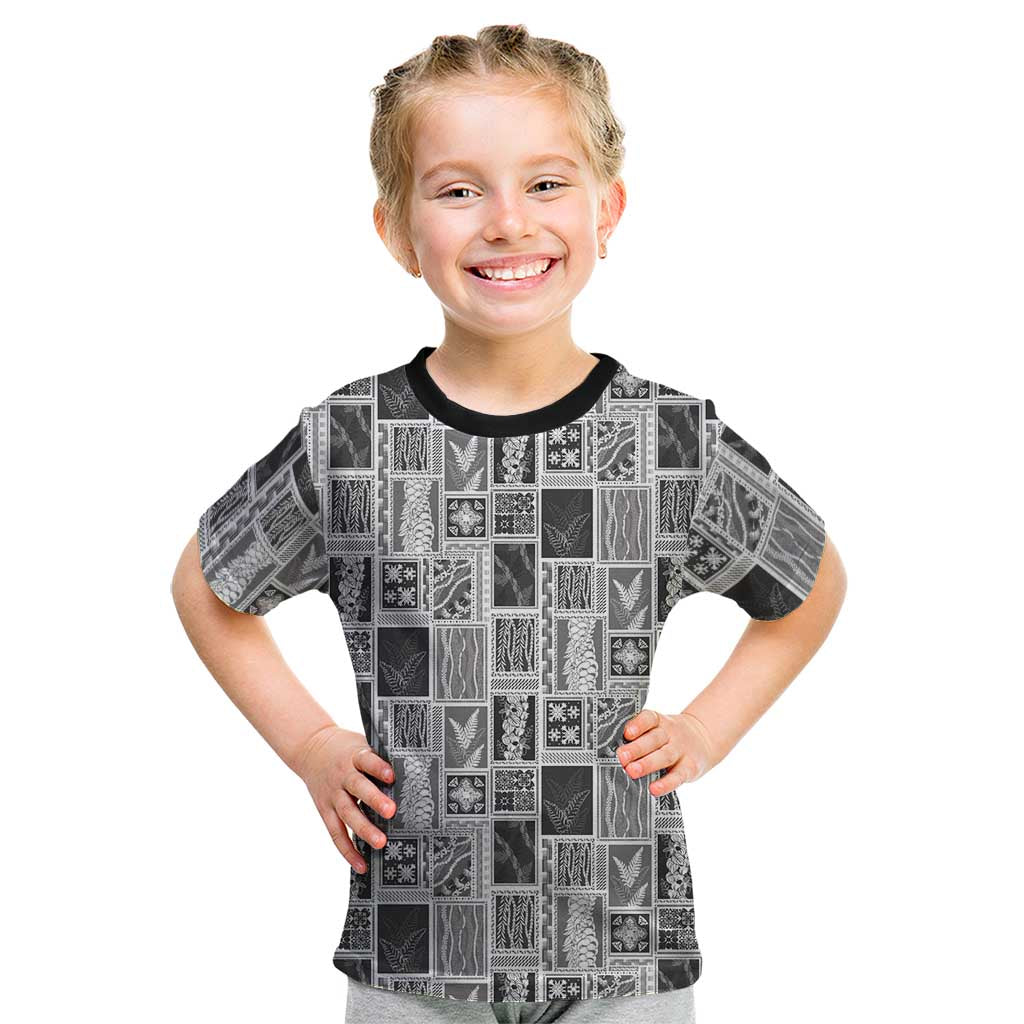 Vintage Aloha Block Quilt Kid T Shirt Black Inspired Lei Motifs LT9 Black - Polynesian Pride