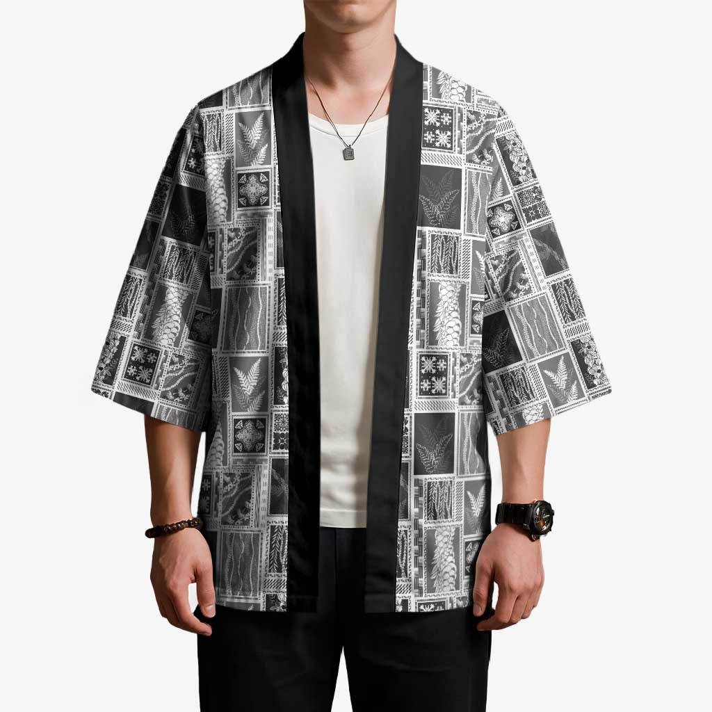 Vintage Aloha Block Quilt Kimono Black Inspired Lei Motifs - Polynesian Pride