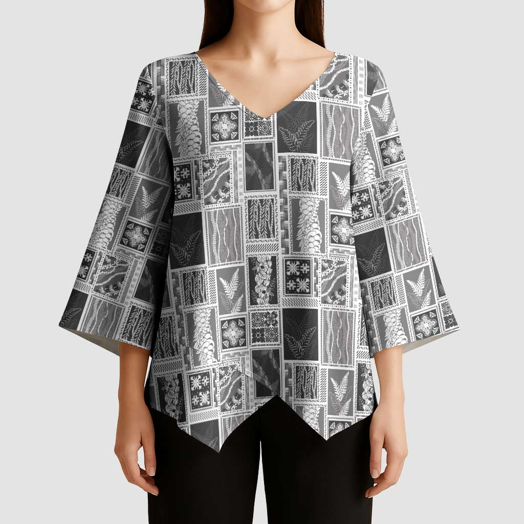 Vintage Aloha Block Quilt Kimono Sleeve Blouse Black Inspired Lei Motifs - Polynesian Pride