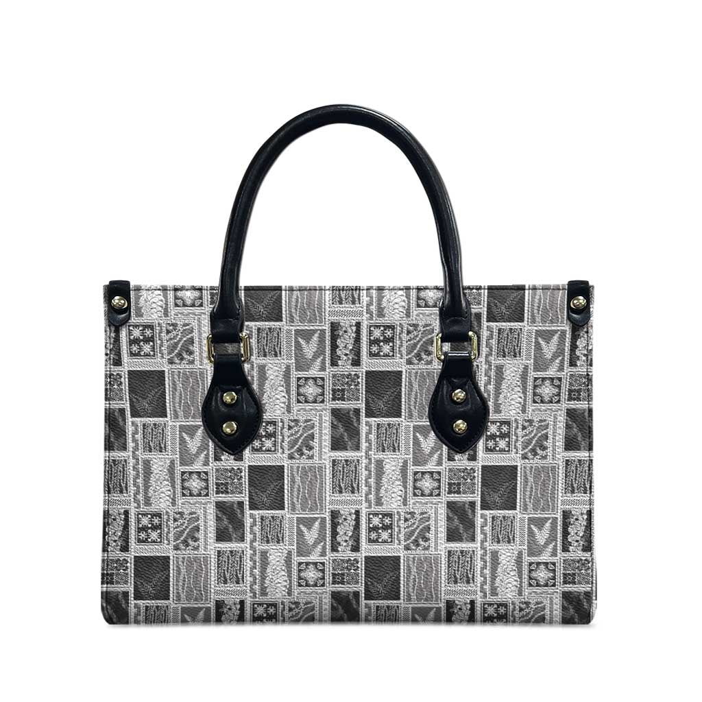 Vintage Aloha Block Quilt Leather Bag Black Inspired Lei Motifs - Polynesian Pride