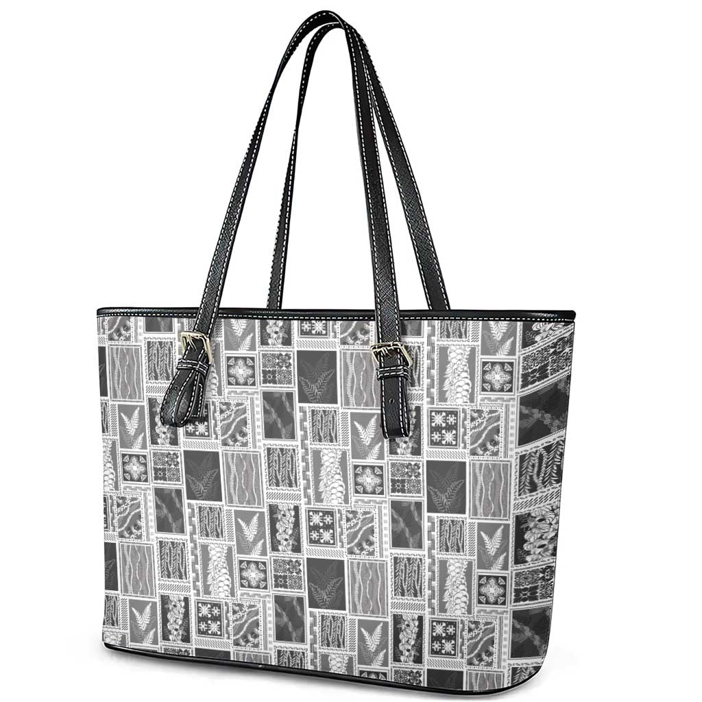Vintage Aloha Block Quilt Leather Tote Bag Black Inspired Lei Motifs - Polynesian Pride