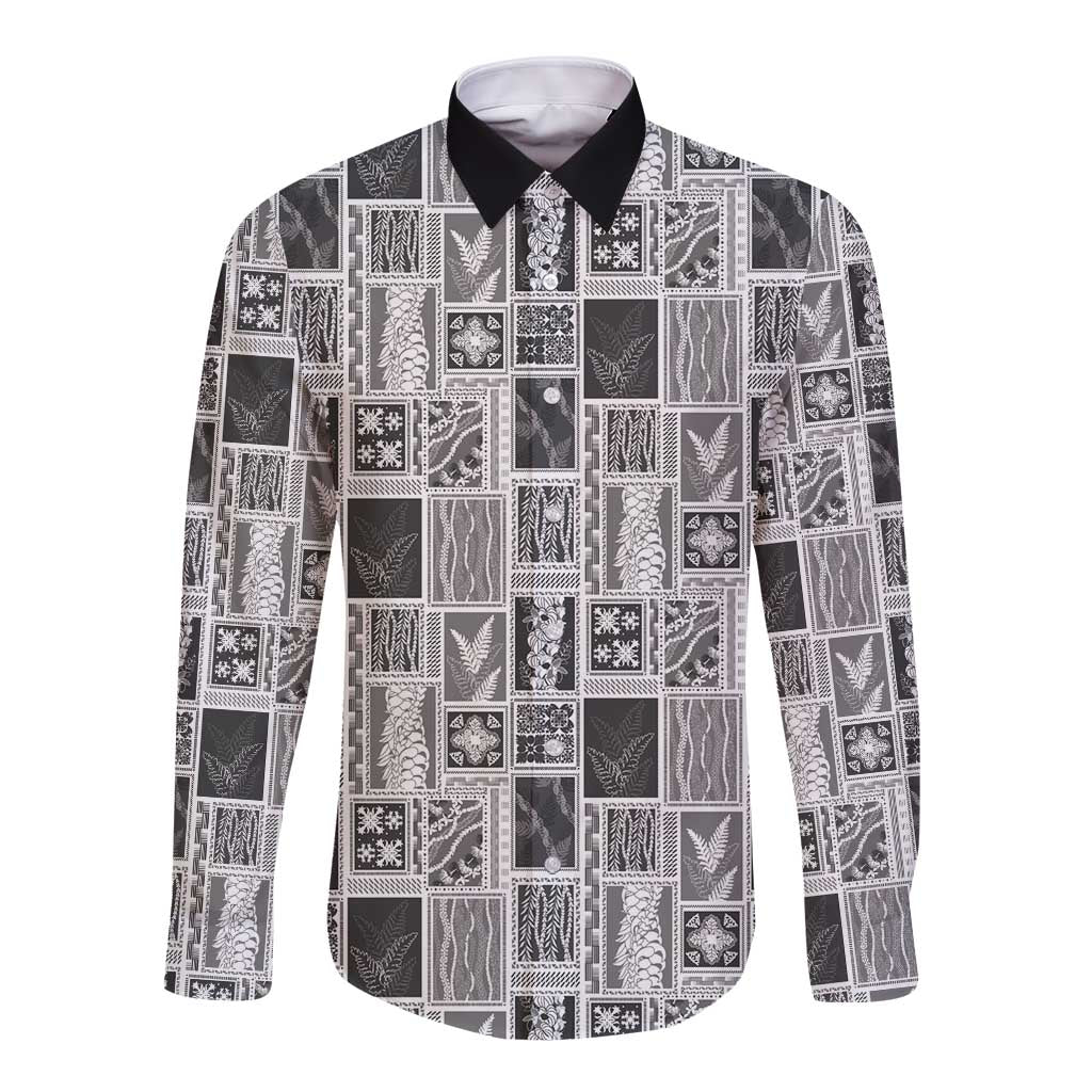 Vintage Aloha Block Quilt Long Sleeve Button Shirt Black Inspired Lei Motifs - Polynesian Pride