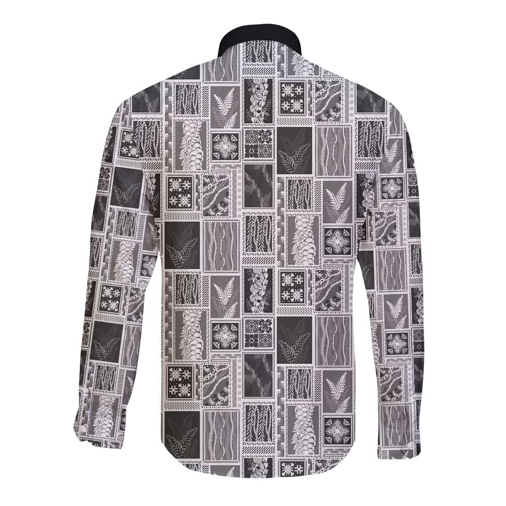 Vintage Aloha Block Quilt Long Sleeve Button Shirt Black Inspired Lei Motifs - Polynesian Pride