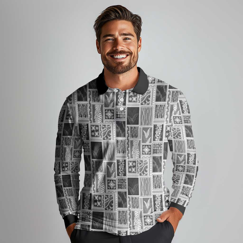 Vintage Aloha Block Quilt Long Sleeve Polo Shirt Black Inspired Lei Motifs - Polynesian Pride