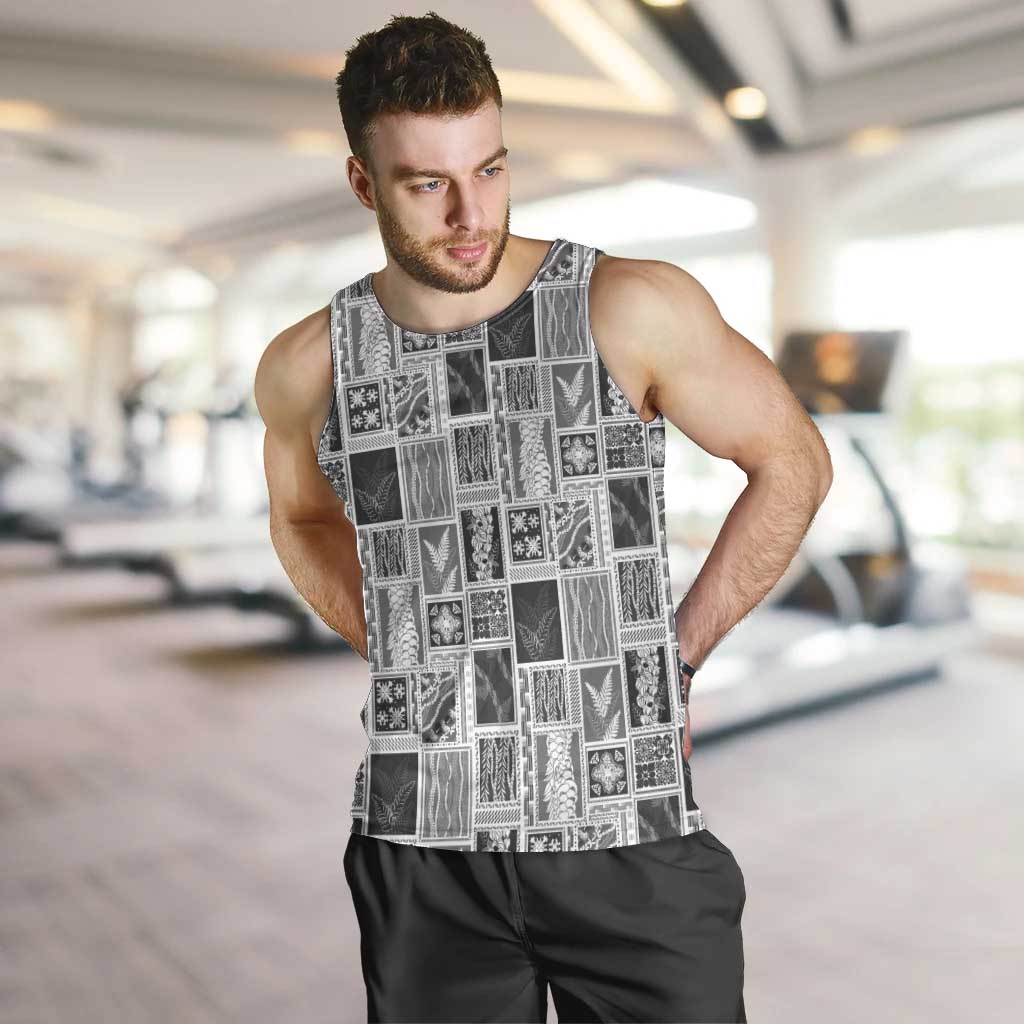 Vintage Aloha Block Quilt Men Tank Top Black Inspired Lei Motifs - Polynesian Pride