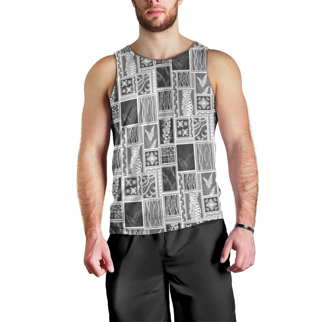 Vintage Aloha Block Quilt Men Tank Top Black Inspired Lei Motifs - Polynesian Pride