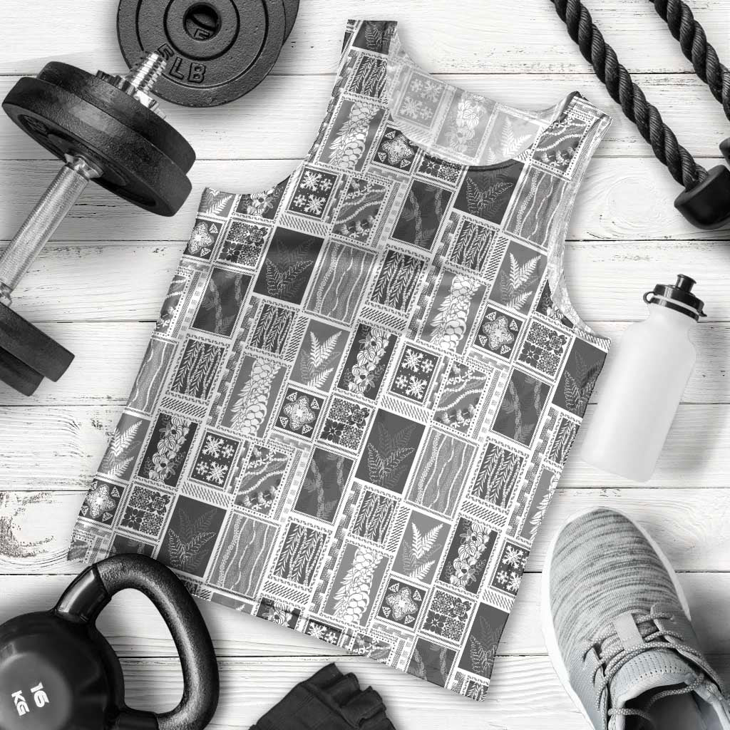Vintage Aloha Block Quilt Men Tank Top Black Inspired Lei Motifs - Polynesian Pride