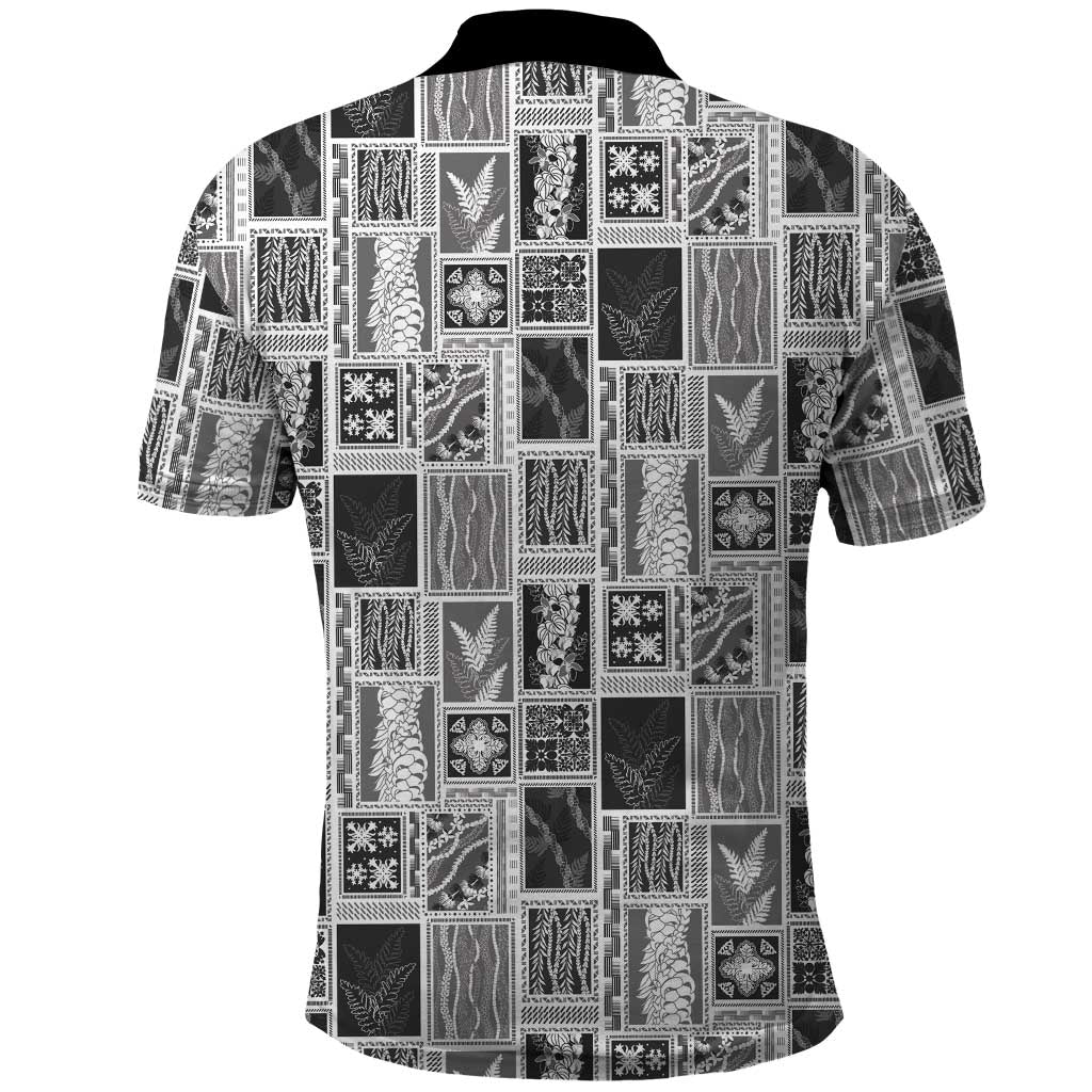 Vintage Aloha Block Quilt Polo Shirt Black Inspired Lei Motifs - Polynesian Pride