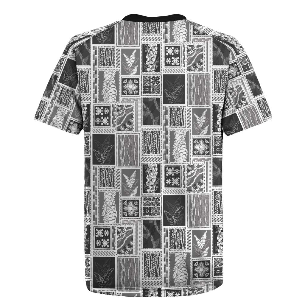 Vintage Aloha Block Quilt Rugby Jersey Black Inspired Lei Motifs - Polynesian Pride