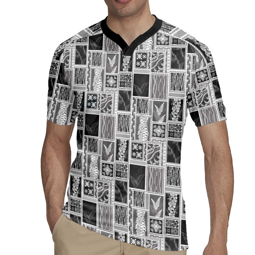 Vintage Aloha Block Quilt Rugby Jersey Black Inspired Lei Motifs - Polynesian Pride