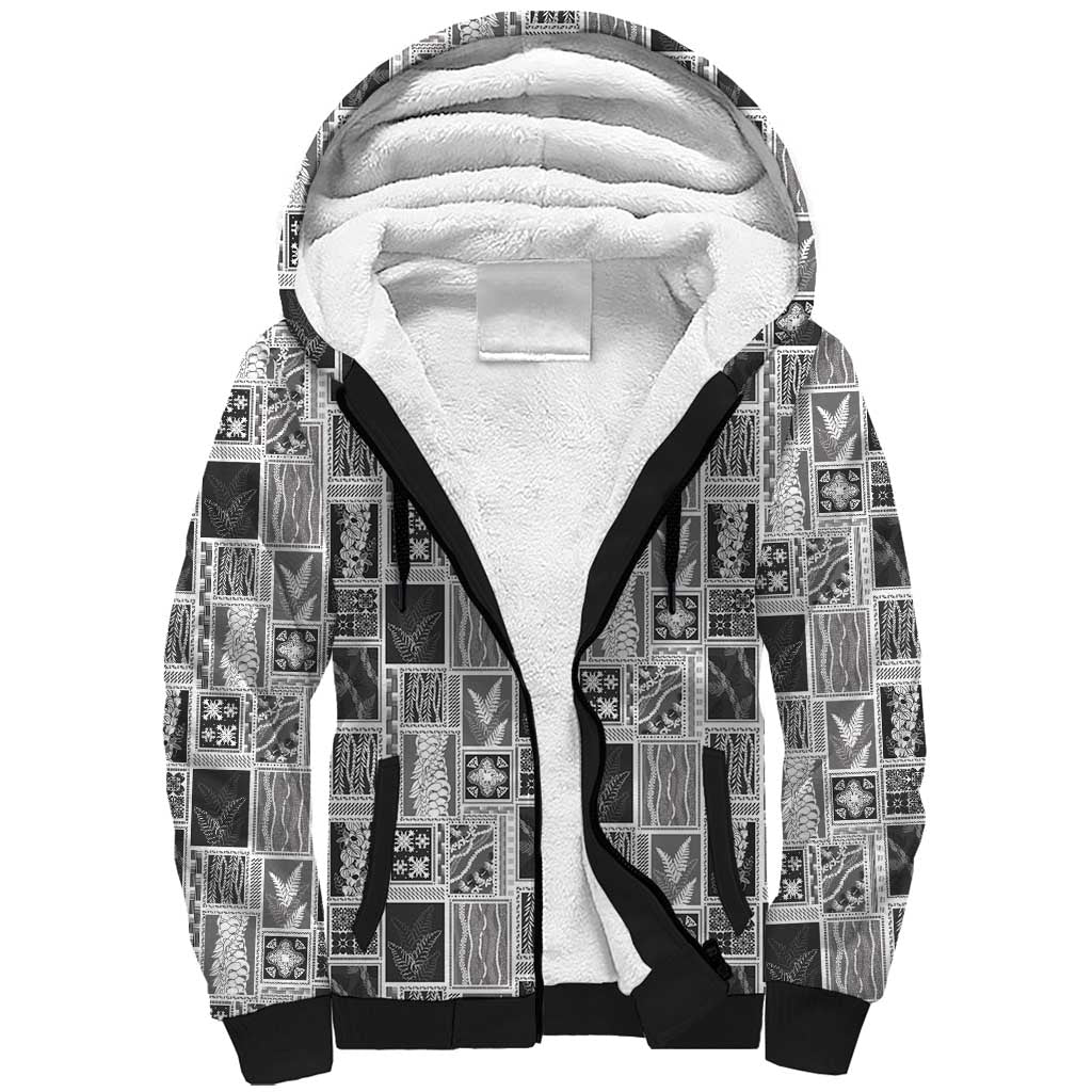 Vintage Aloha Block Quilt Sherpa Hoodie Black Inspired Lei Motifs LT9 Unisex Black - Polynesian Pride