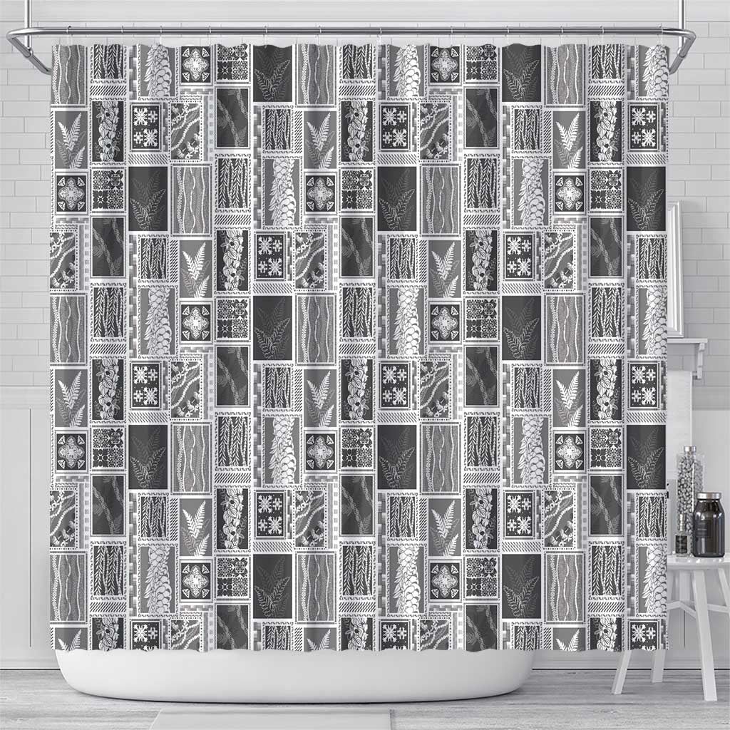 Vintage Aloha Block Quilt Shower Curtain Black Inspired Lei Motifs - Polynesian Pride