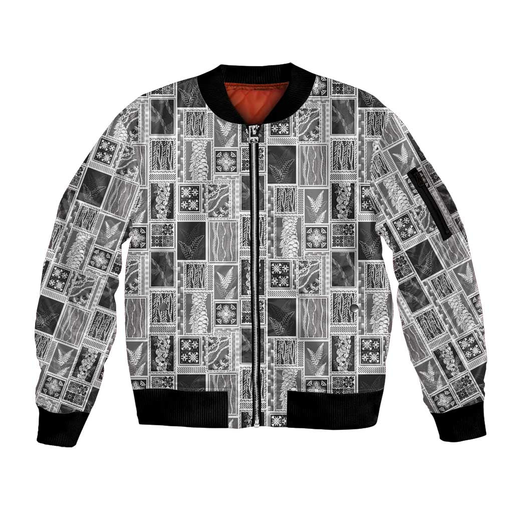 Vintage Aloha Block Quilt Sleeve Zip Bomber Jacket Black Inspired Lei Motifs LT9 Unisex Black - Polynesian Pride