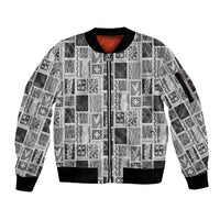 Vintage Aloha Block Quilt Sleeve Zip Bomber Jacket Black Inspired Lei Motifs - Polynesian Pride