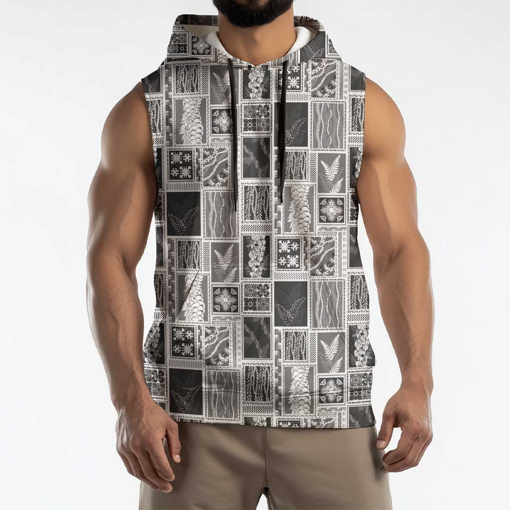 Vintage Aloha Block Quilt Sleeveless Hoodie Black Inspired Lei Motifs - Polynesian Pride