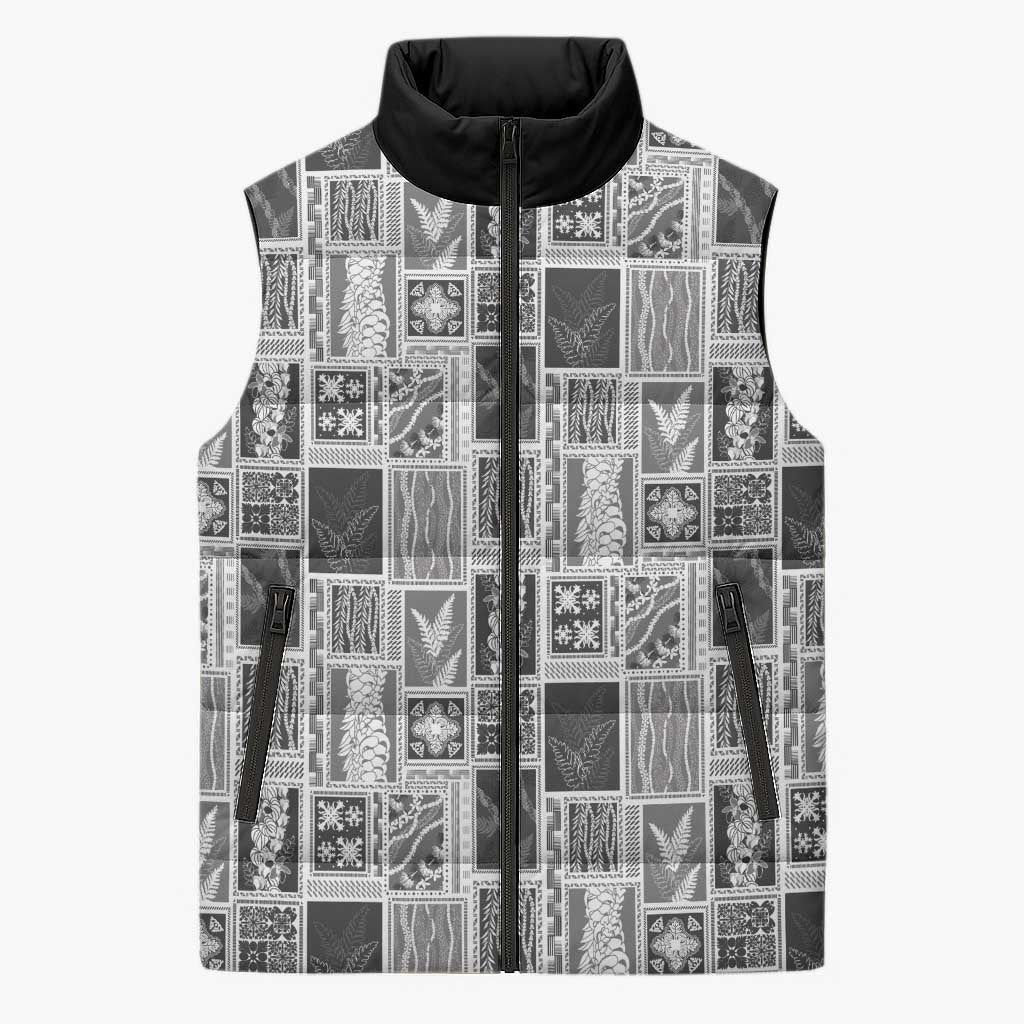 Vintage Aloha Block Quilt Sleeveless Puffer Jacket Black Inspired Lei Motifs - Polynesian Pride