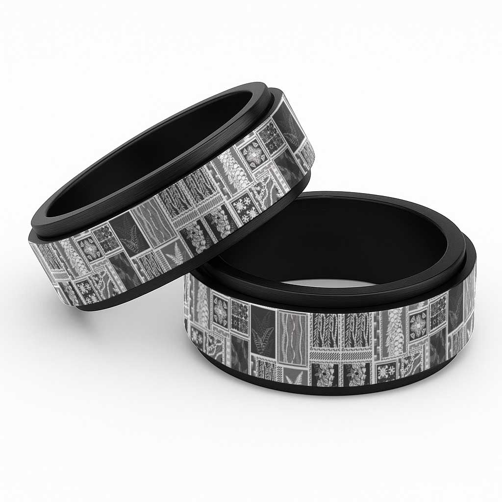 Vintage Aloha Block Quilt Spinner Ring Black Inspired Lei Motifs LT9 Black Black - Polynesian Pride