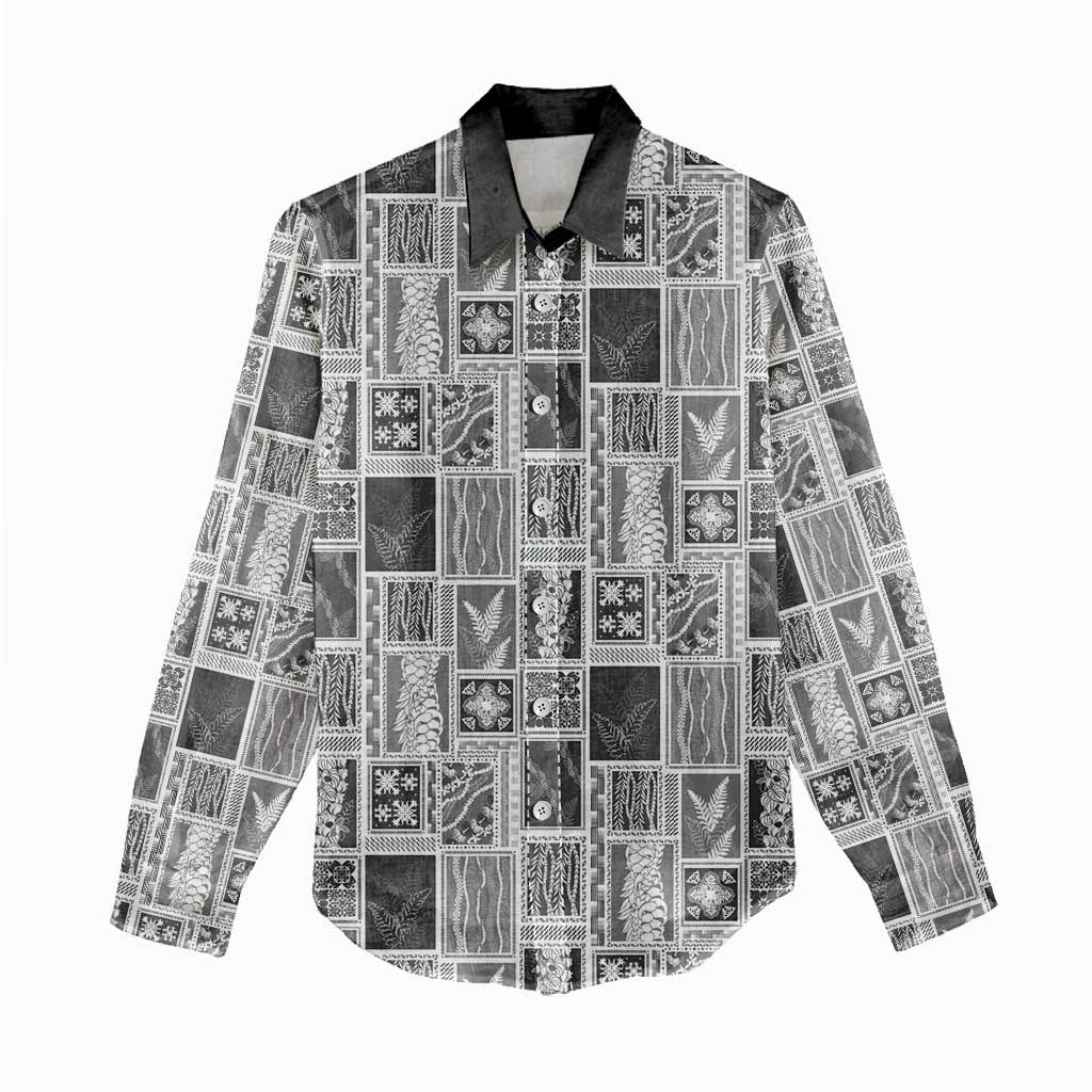 Vintage Aloha Block Quilt Women Casual Shirt Black Inspired Lei Motifs - Polynesian Pride