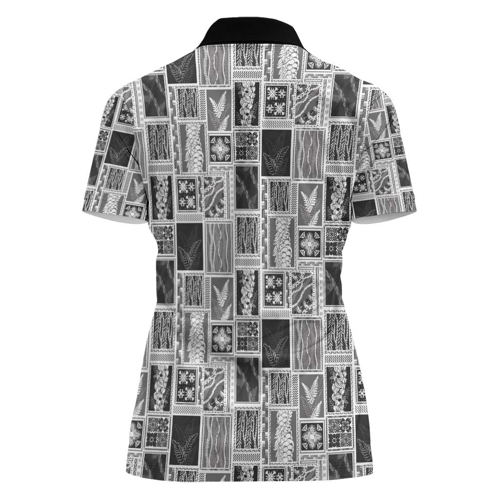 Vintage Aloha Block Quilt Women Polo Shirt Black Inspired Lei Motifs - Polynesian Pride
