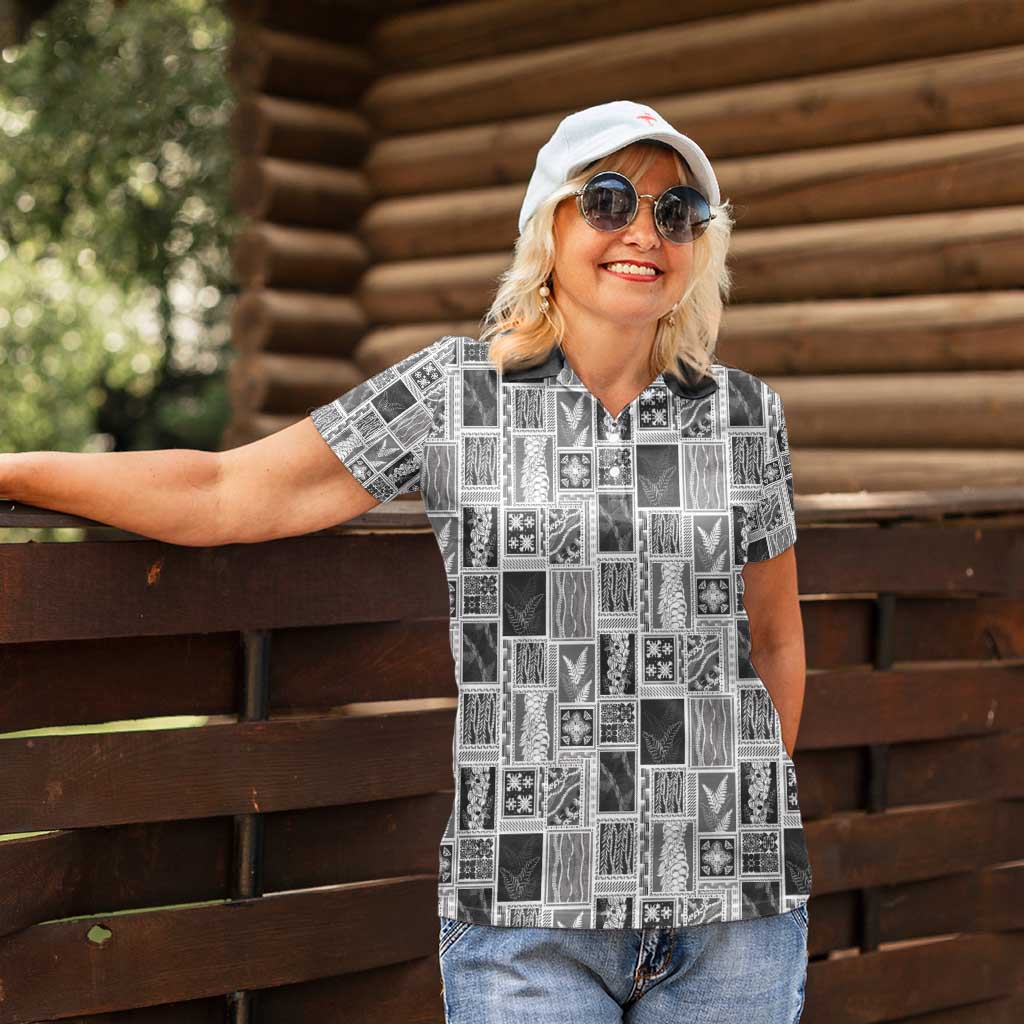 Vintage Aloha Block Quilt Women Polo Shirt Black Inspired Lei Motifs - Polynesian Pride