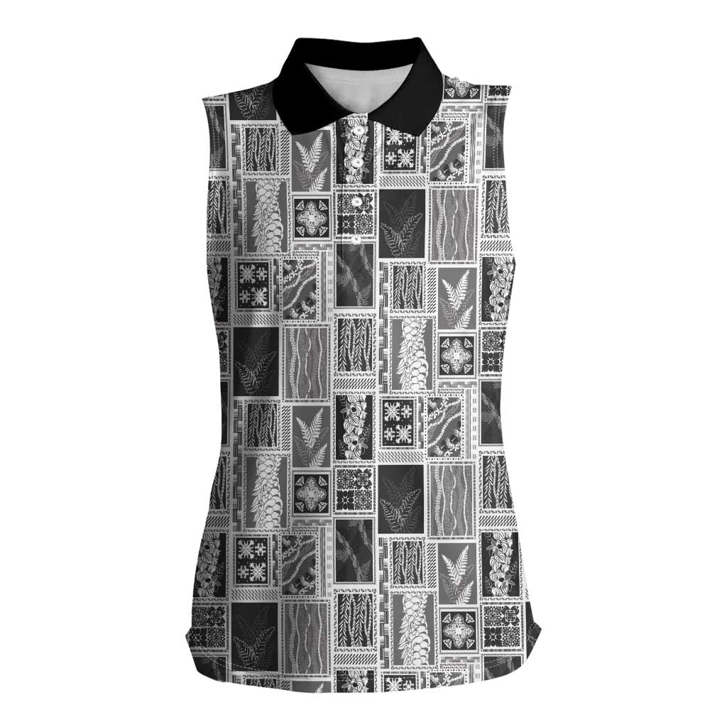 Vintage Aloha Block Quilt Women Sleeveless Polo Shirt Black Inspired Lei Motifs - Polynesian Pride