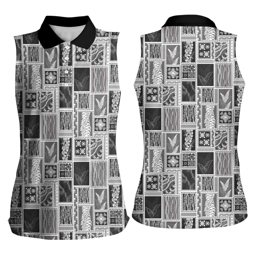 Vintage Aloha Block Quilt Women Sleeveless Polo Shirt Black Inspired Lei Motifs - Polynesian Pride