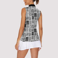 Vintage Aloha Block Quilt Women Sleeveless Polo Shirt Black Inspired Lei Motifs - Polynesian Pride