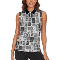 Vintage Aloha Block Quilt Women Sleeveless Polo Shirt Black Inspired Lei Motifs - Polynesian Pride