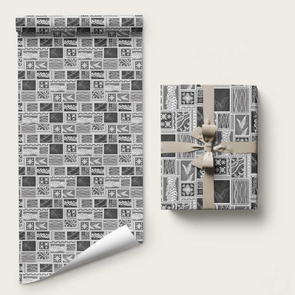 Vintage Aloha Block Quilt Wrapping Paper Black Inspired Lei Motifs LT9 58" × 23" Black - Polynesian Pride