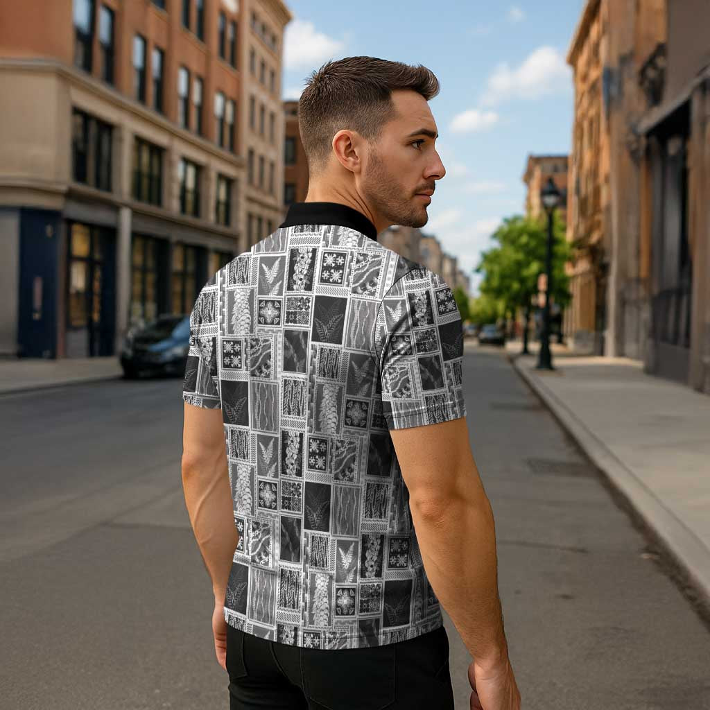 Vintage Aloha Block Quilt Zipper Polo Shirt Black Inspired Lei Motifs - Polynesian Pride