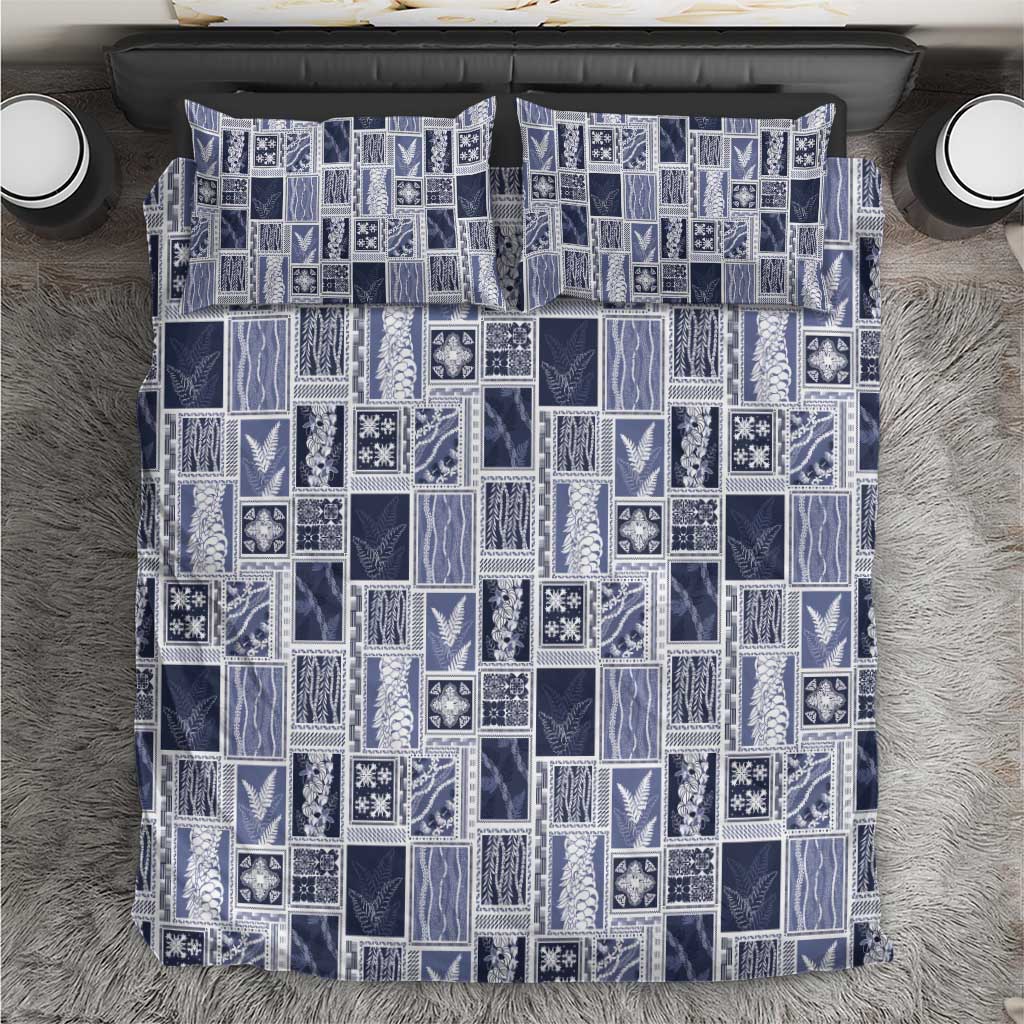Vintage Aloha Block Quilt Bedding Set Blue Inspired Lei Motifs - Polynesian Pride