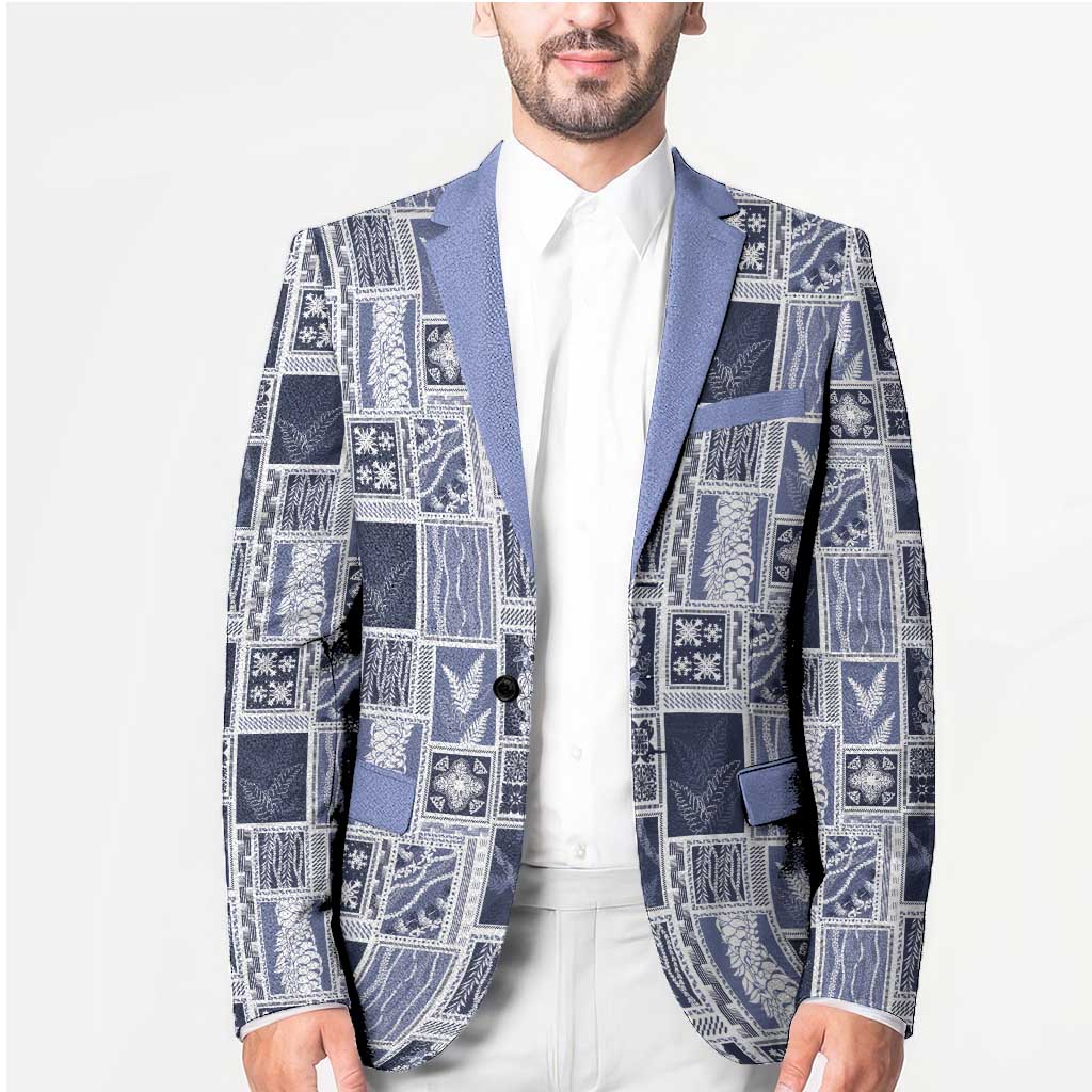 Vintage Aloha Block Quilt Blazer Blue Inspired Lei Motifs - Polynesian Pride