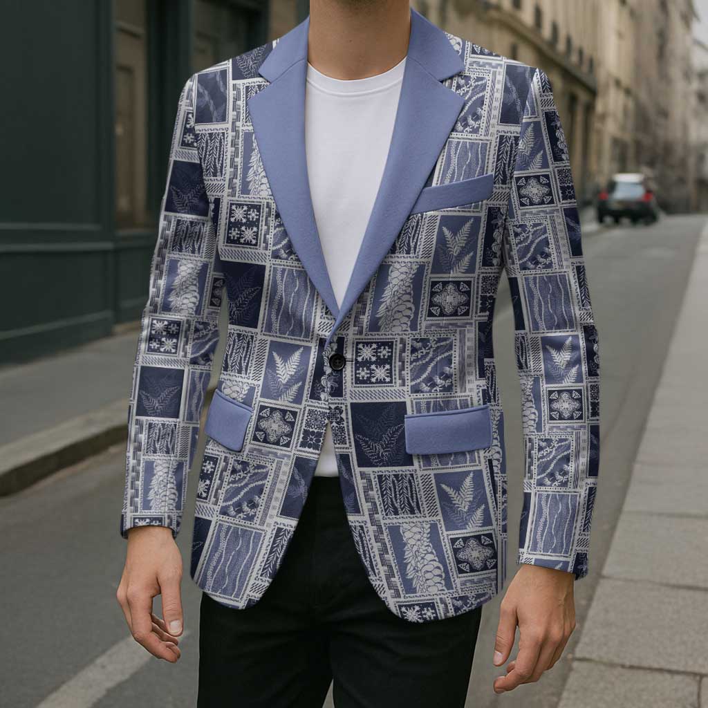 Vintage Aloha Block Quilt Blazer Blue Inspired Lei Motifs - Polynesian Pride