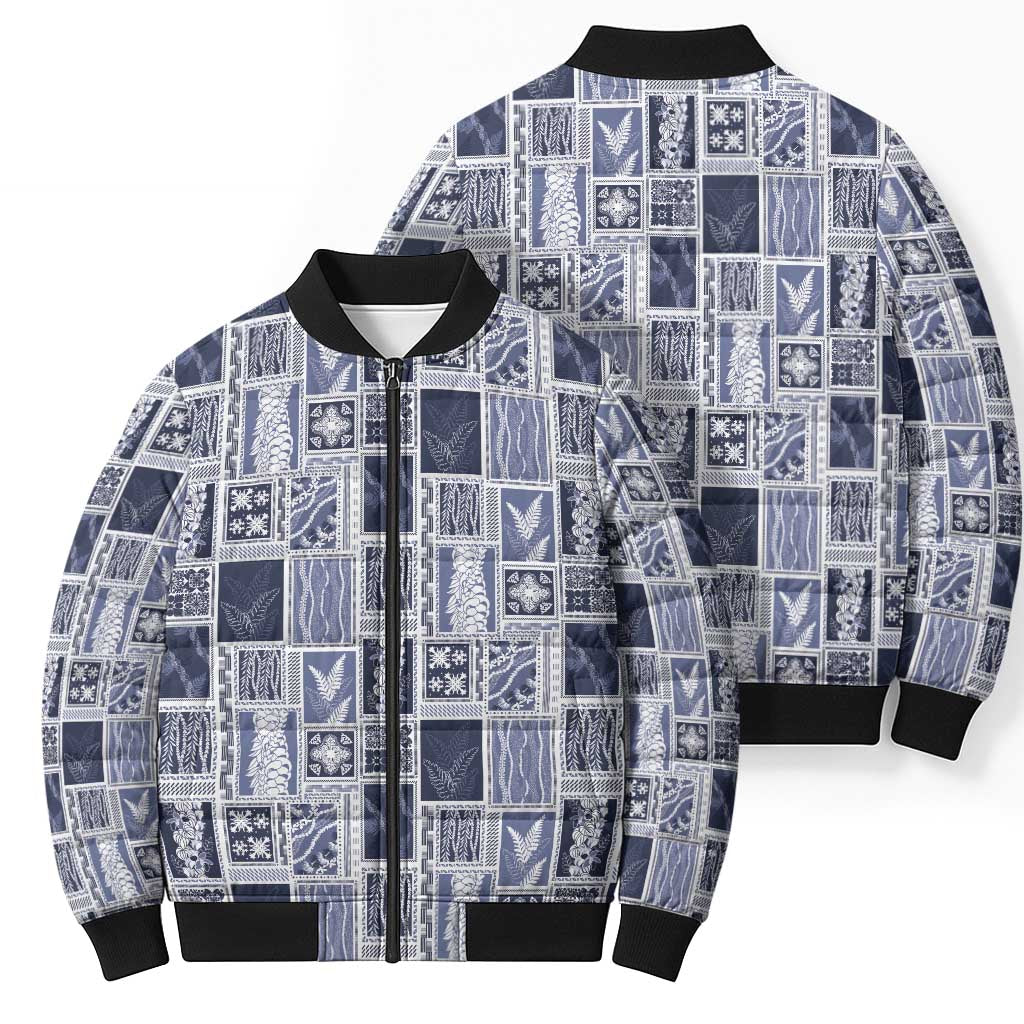 Vintage Aloha Block Quilt Bomber Puffer Jacket Blue Inspired Lei Motifs - Polynesian Pride