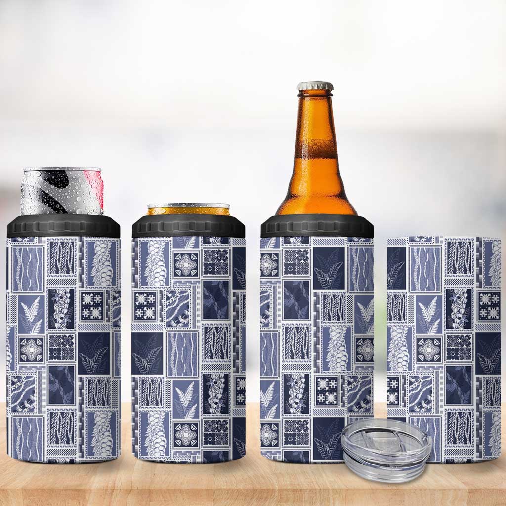 Vintage Aloha Block Quilt 4 in 1 Can Cooler Tumbler Blue Inspired Lei Motifs - Polynesian Pride