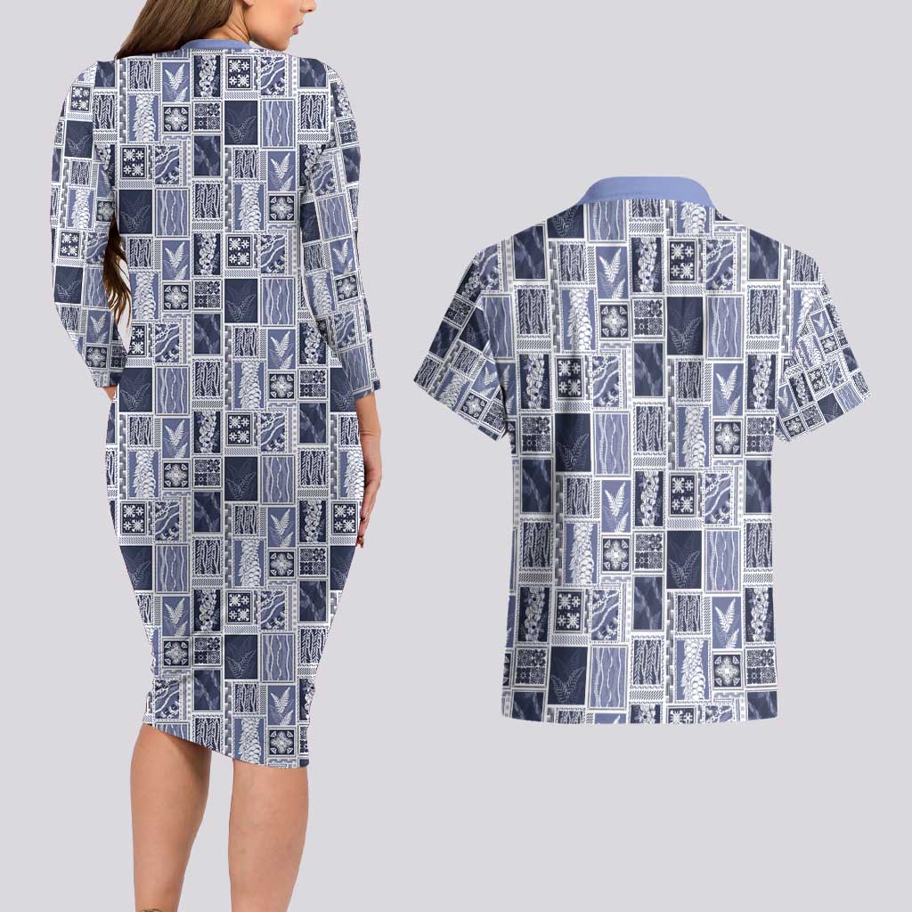 Vintage Aloha Block Quilt Couples Matching Long Sleeve Bodycon Dress and Hawaiian Shirt Blue Inspired Lei Motifs - Polynesian Pride