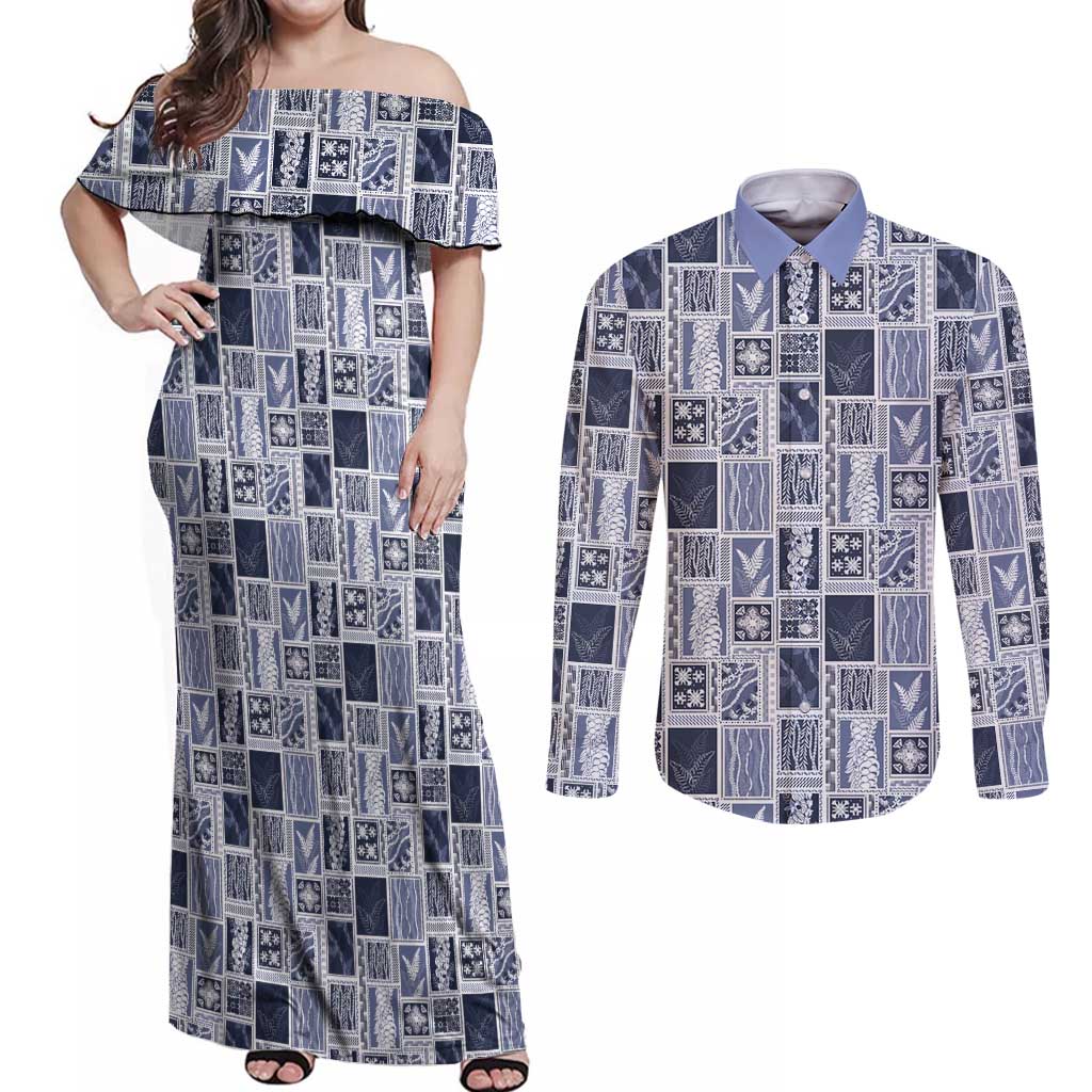 Vintage Aloha Block Quilt Couples Matching Off Shoulder Maxi Dress and Long Sleeve Button Shirt Blue Inspired Lei Motifs - Polynesian Pride