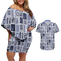 Vintage Aloha Block Quilt Couples Matching Off Shoulder Short Dress and Hawaiian Shirt Blue Inspired Lei Motifs - Polynesian Pride