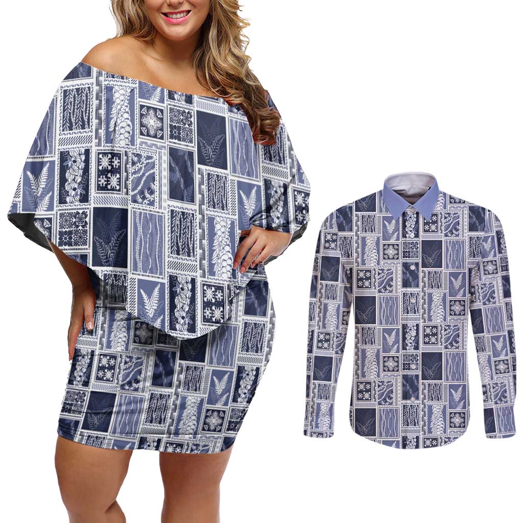 Vintage Aloha Block Quilt Couples Matching Off Shoulder Short Dress and Long Sleeve Button Shirt Blue Inspired Lei Motifs - Polynesian Pride