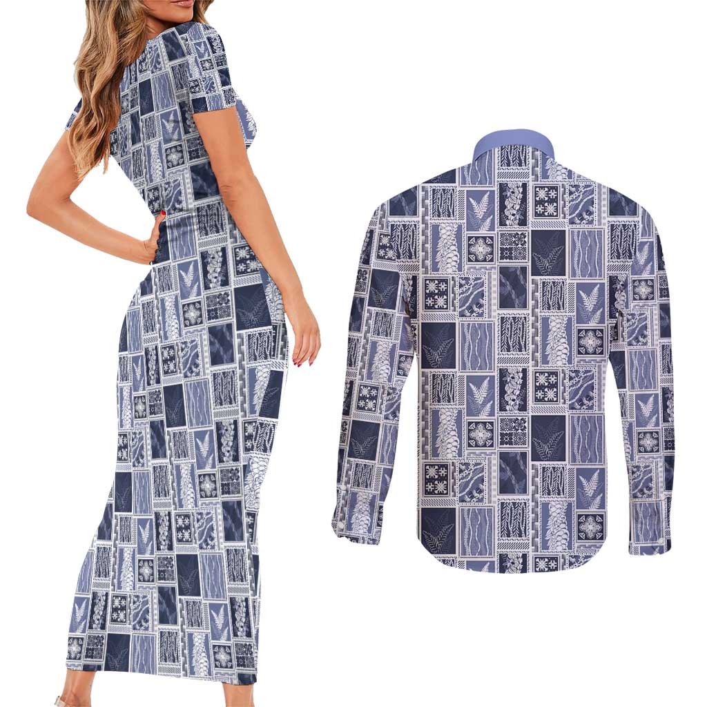 Vintage Aloha Block Quilt Couples Matching Short Sleeve Bodycon Dress and Long Sleeve Button Shirt Blue Inspired Lei Motifs - Polynesian Pride