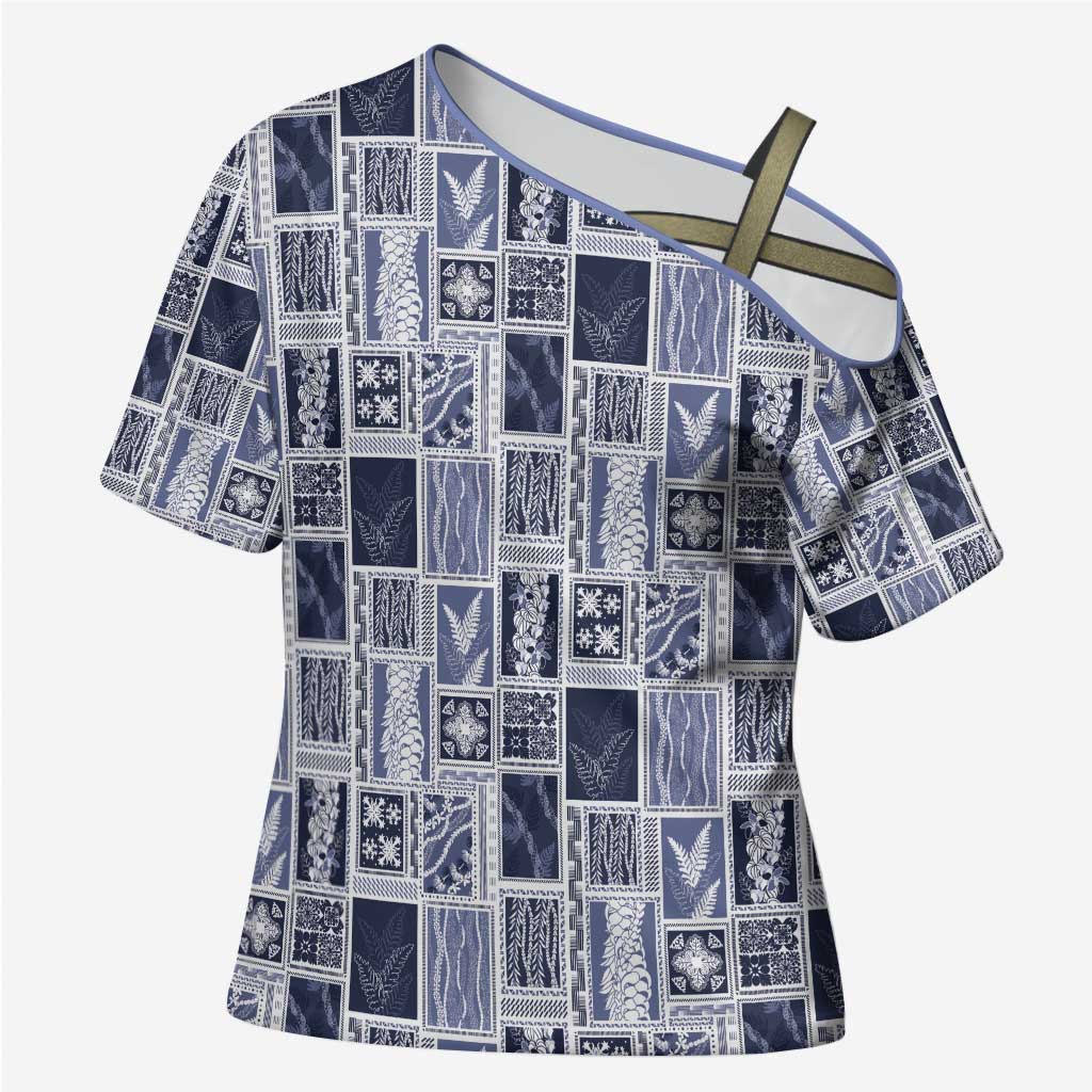 Vintage Aloha Block Quilt Cross Shoulder Shirt Blue Inspired Lei Motifs - Polynesian Pride