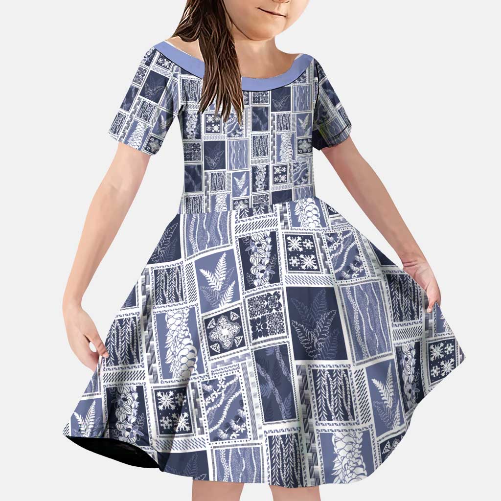 Vintage Aloha Block Quilt Family Matching Long Sleeve Bodycon Dress and Hawaiian Shirt Blue Inspired Lei Motifs - Polynesian Pride