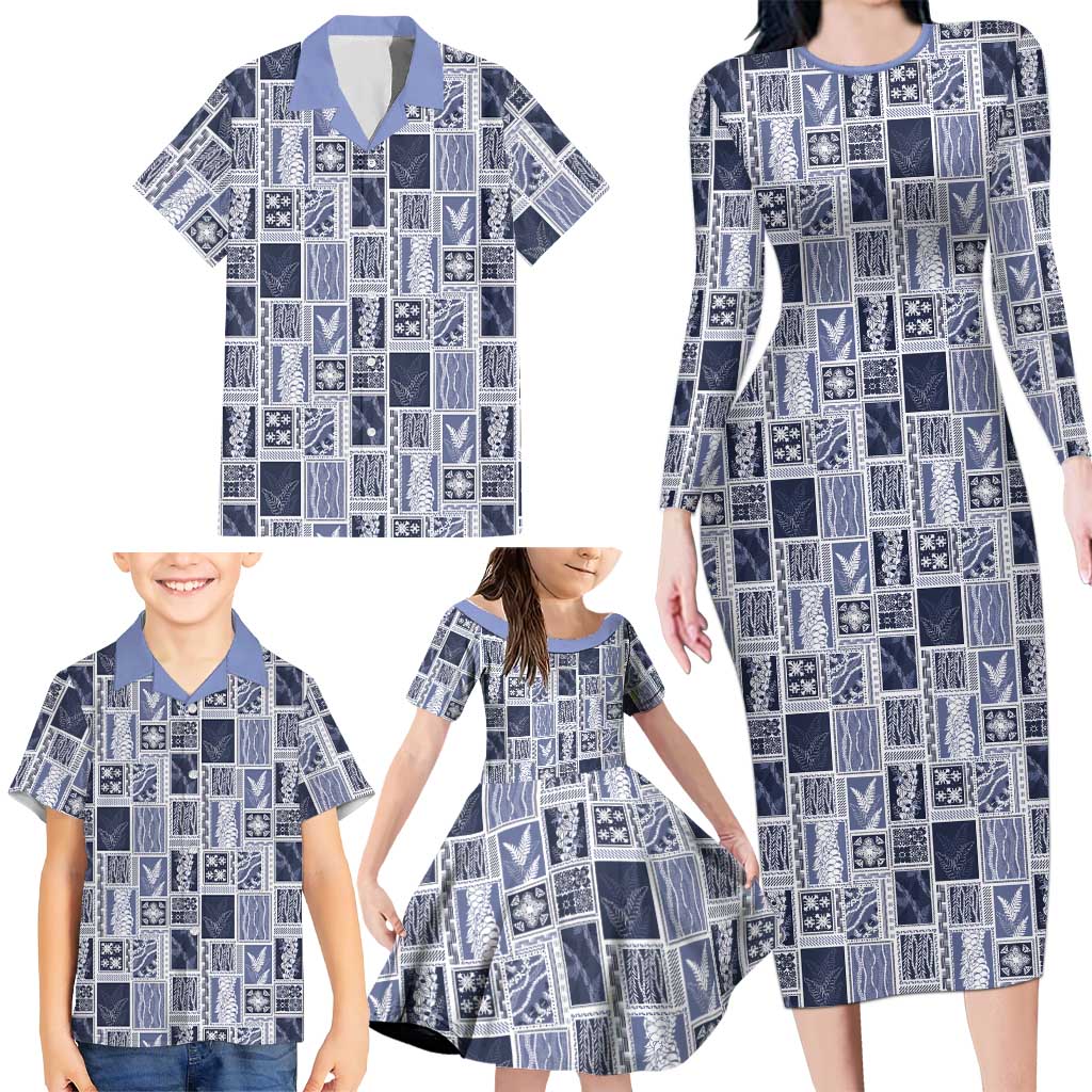 Vintage Aloha Block Quilt Family Matching Long Sleeve Bodycon Dress and Hawaiian Shirt Blue Inspired Lei Motifs - Polynesian Pride